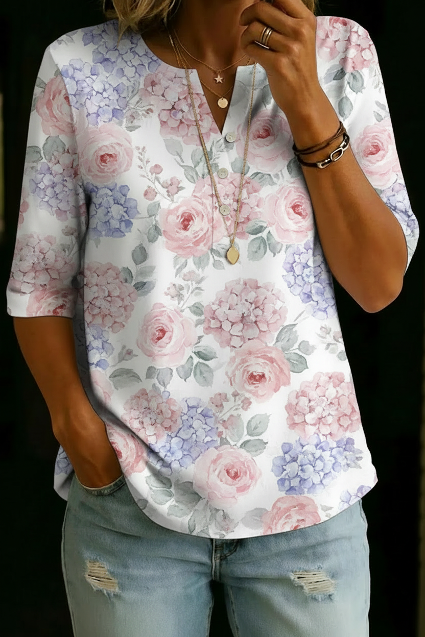 Aaliyah | Hydrangea Rose Henley Top
