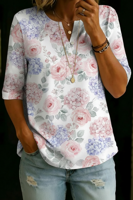 Aaliyah | Hydrangea Rose Henley Top