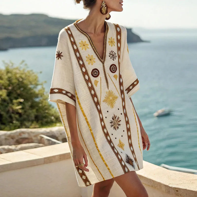 Solenne | Yellow & Brown Pattern Beach Dress