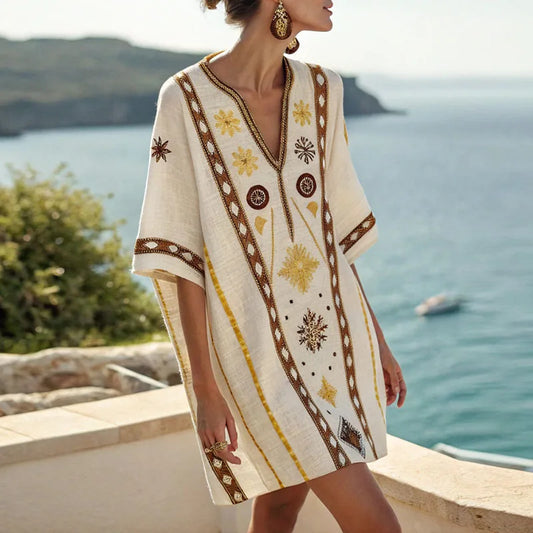 Solenne | Yellow & Brown Pattern Beach Dress