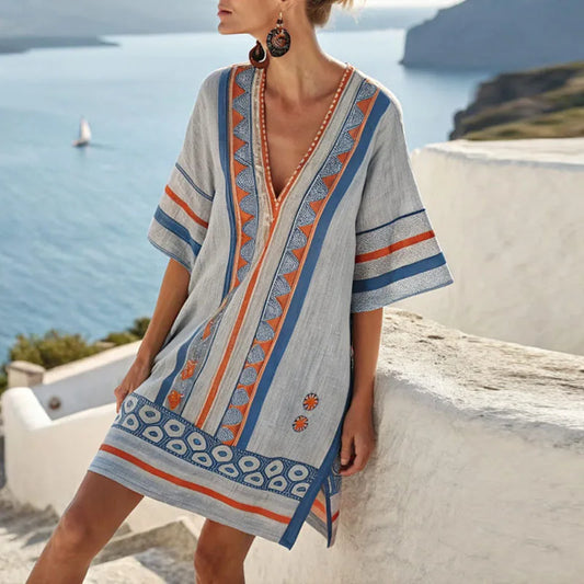 Marisette | Blue & Orange Pattern Evening Maxi Dress