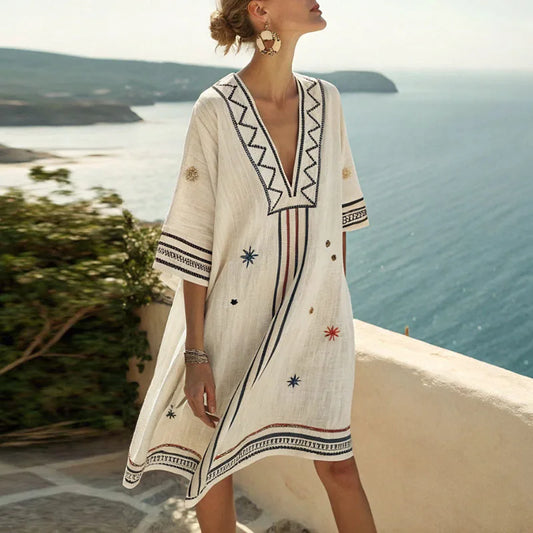 Rustavia | Blue, Rust & Gold Pattern Flowy Dress