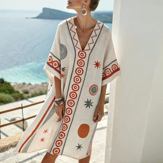 Corvenna | Black & Orange Pattern Flowy Beach Dress
