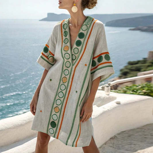 Verdelle | Green & Orange Pattern Beach Dress