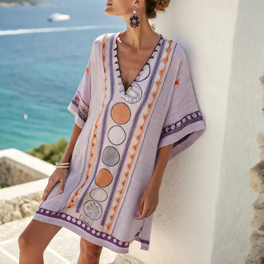 Violestra | Purple & Orange Pattern Boho Dress