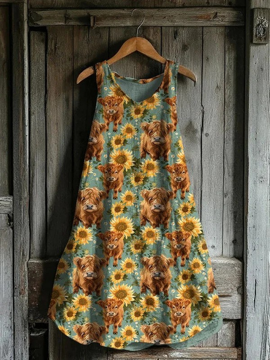 Oleander | Highland Cow Sunflower Print Tank Dress