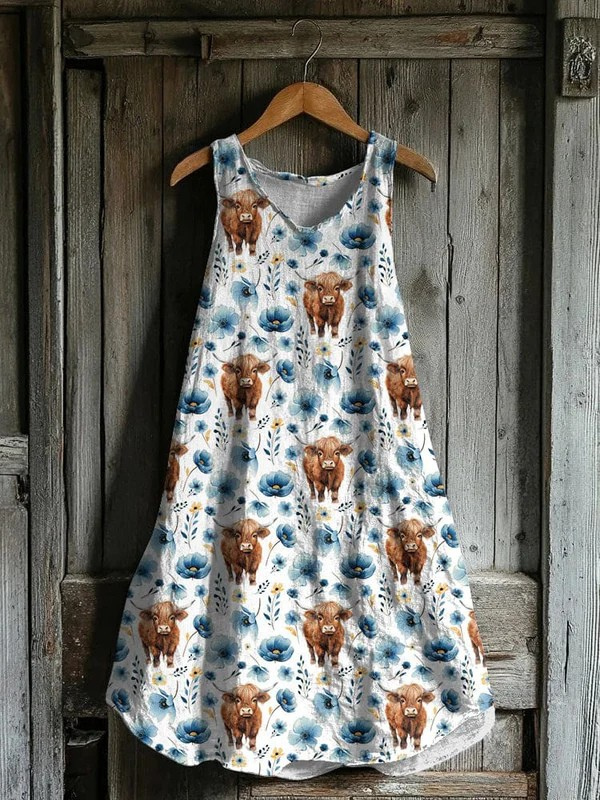 Goldenrose | Highland Cow Floral Print Tank Dress