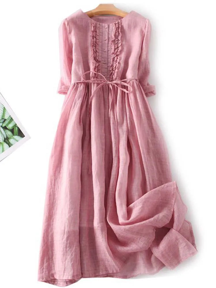 Arya | Womens Art Retro Round Neck Lace Up Waist Dress