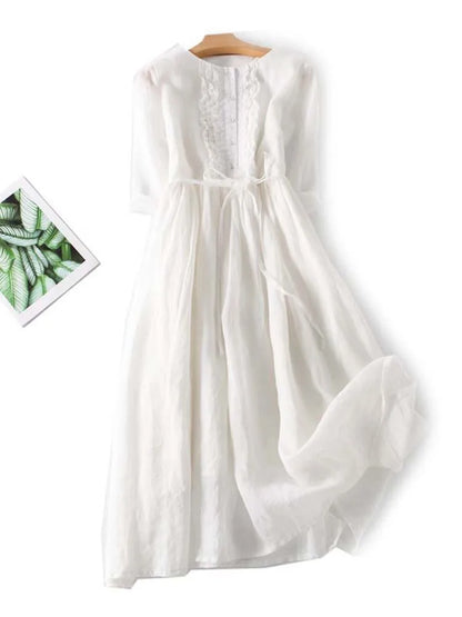 Arya | Womens Art Retro Round Neck Lace Up Waist Dress