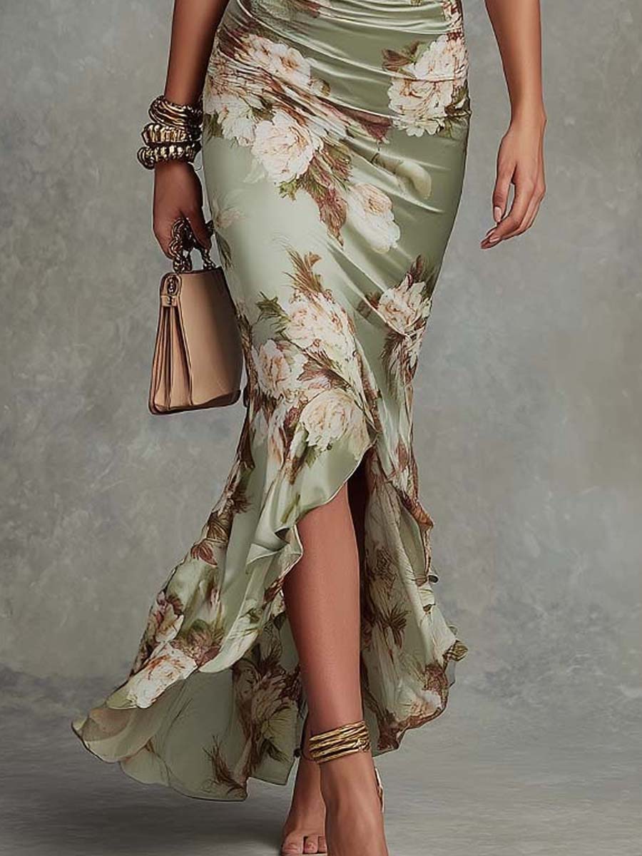 Olivenna | Green Satin Floral Maxi