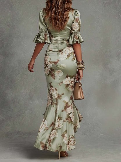 Olivenna | Green Satin Floral Maxi