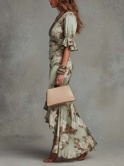 Olivenna | Green Satin Floral Maxi