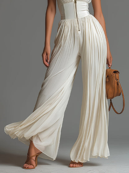 Ivoryssa | White Chiffon Wide-Leg Jumpsuit