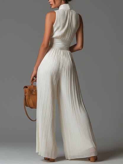 Ivoryssa | White Chiffon Wide-Leg Jumpsuit
