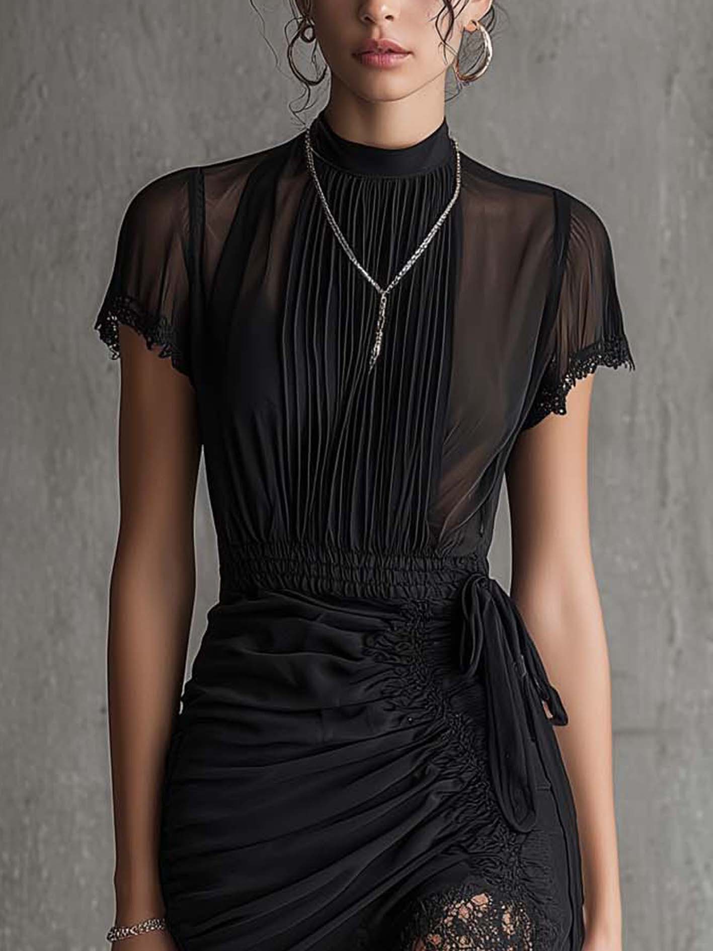Onyxandra | Black Pleated Chiffon Mini