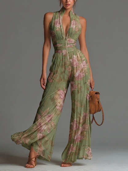 Verdance | Green Floral Chiffon Jumpsuit