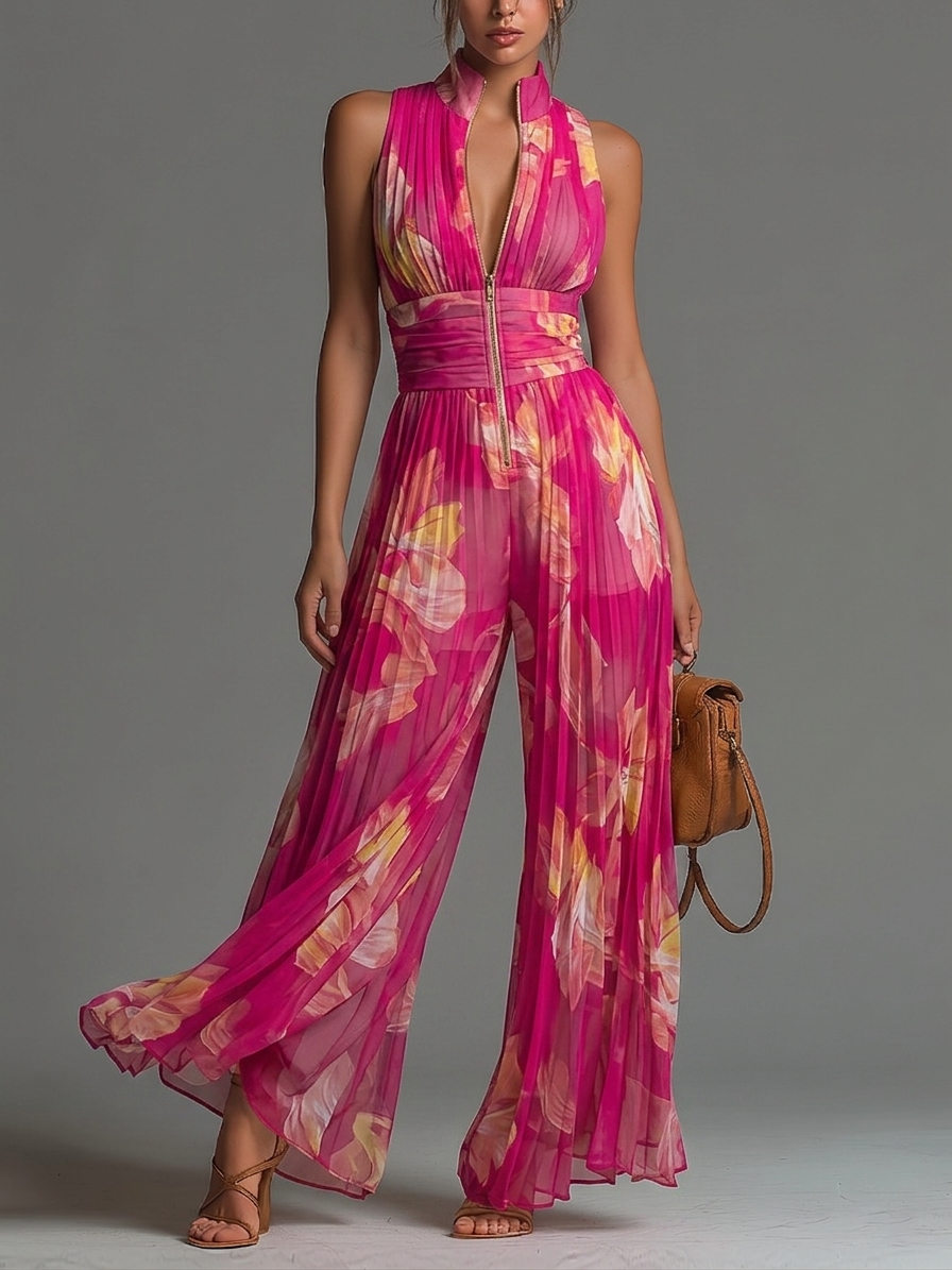 Fuchsandra | Fuchsia Floral Chiffon Jumpsuit