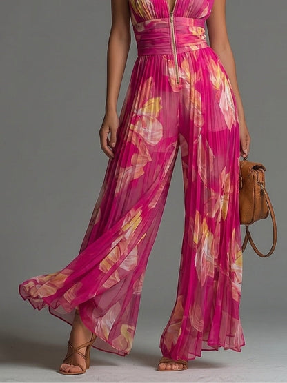 Fuchsandra | Fuchsia Floral Chiffon Jumpsuit