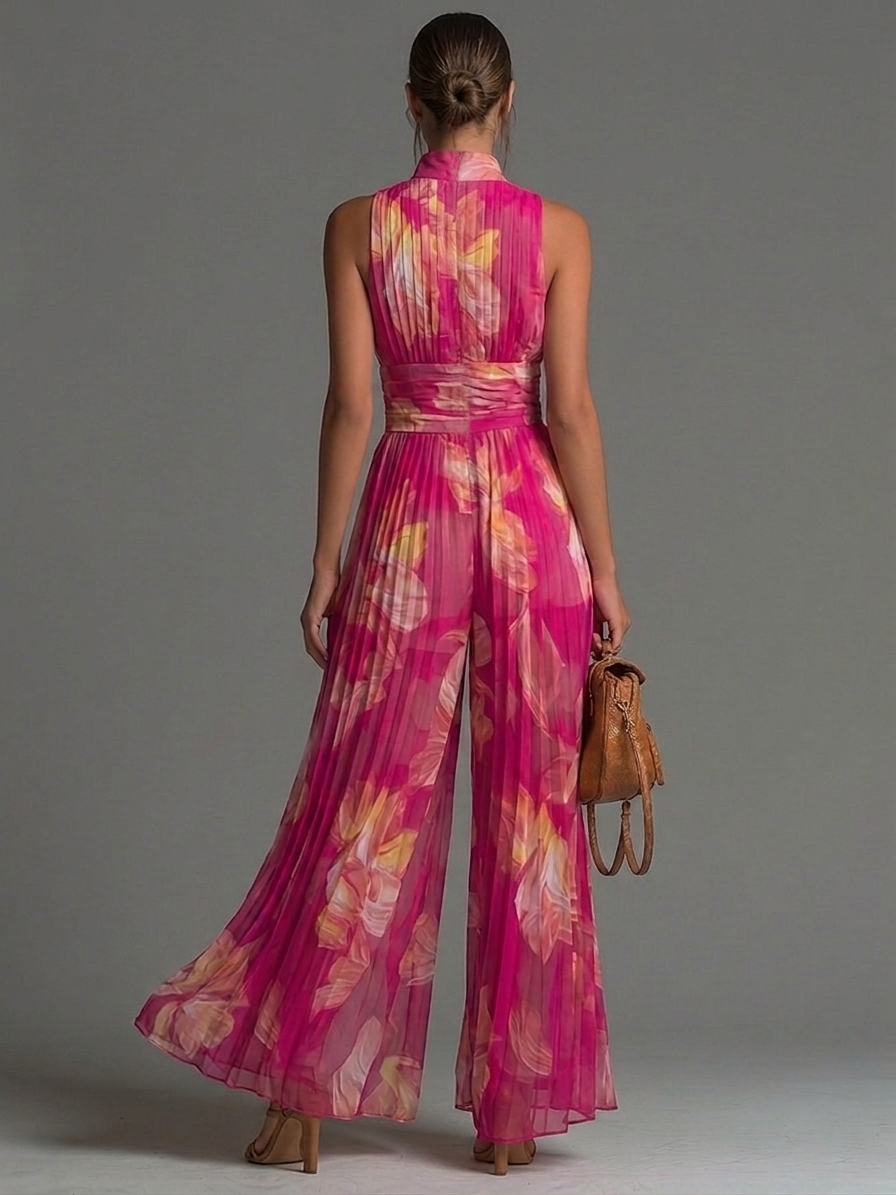 Fuchsandra | Fuchsia Floral Chiffon Jumpsuit