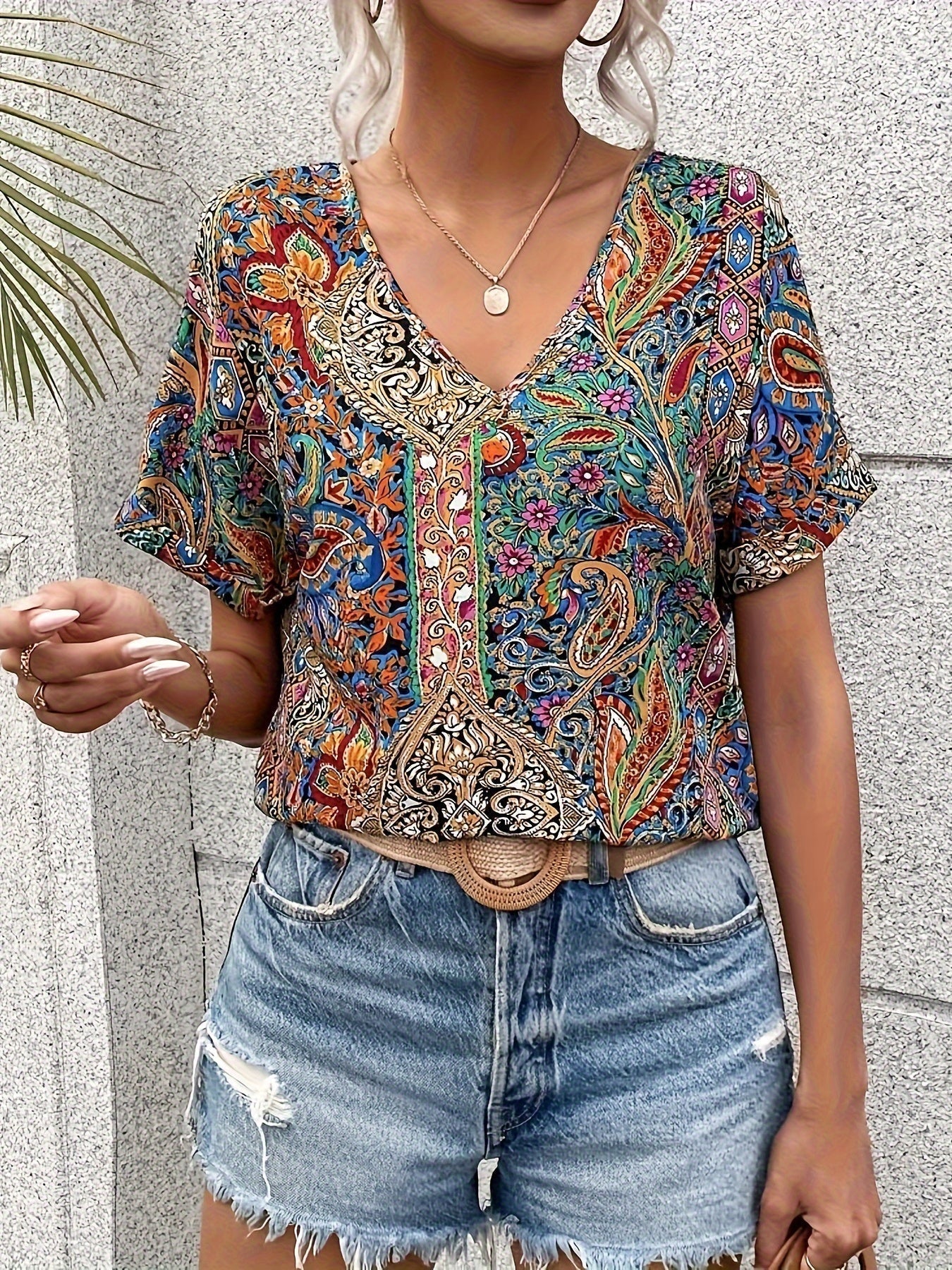 Marina | Art Print Chic V-Neck Blouse