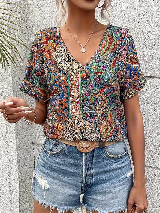 Marina | Art Print Chic V-Neck Blouse