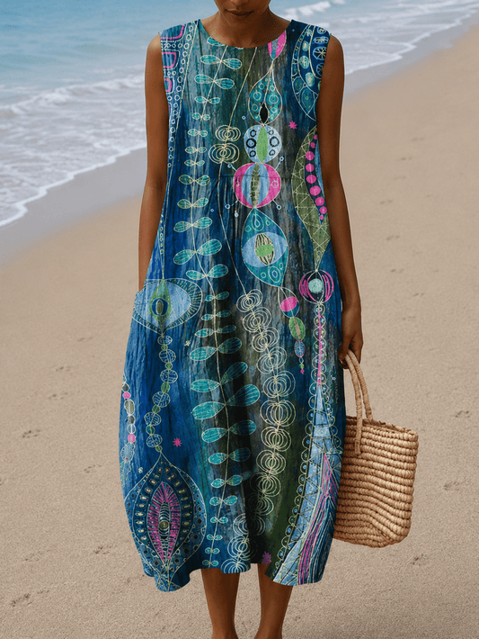 Anna - Women's Sleeveless Printed Beach Midi Dress Loose - Alira - Boutique