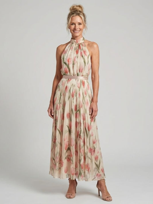 Aurelle™ Halter Neck Floral Midi Dress - Alira - Boutique