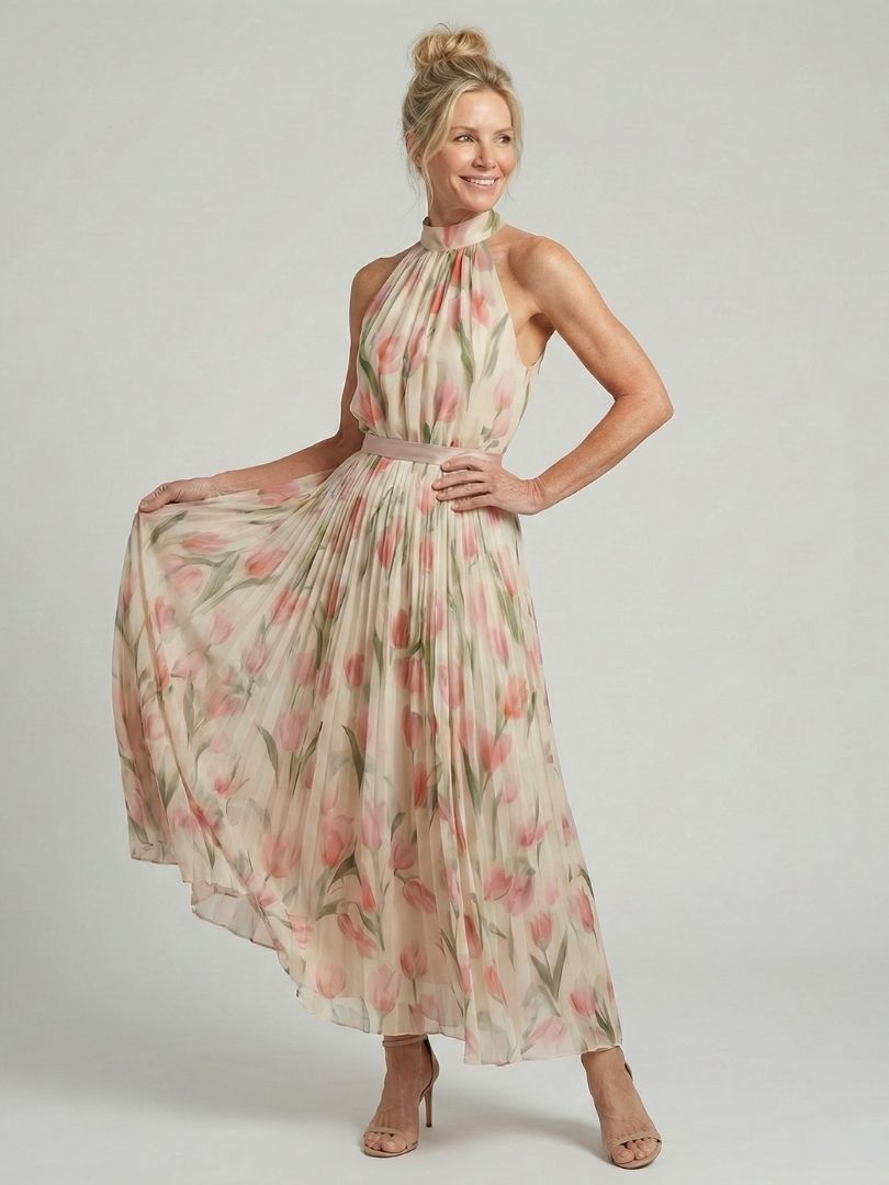 Aurelle™ Halter Neck Floral Midi Dress - Alira - Boutique