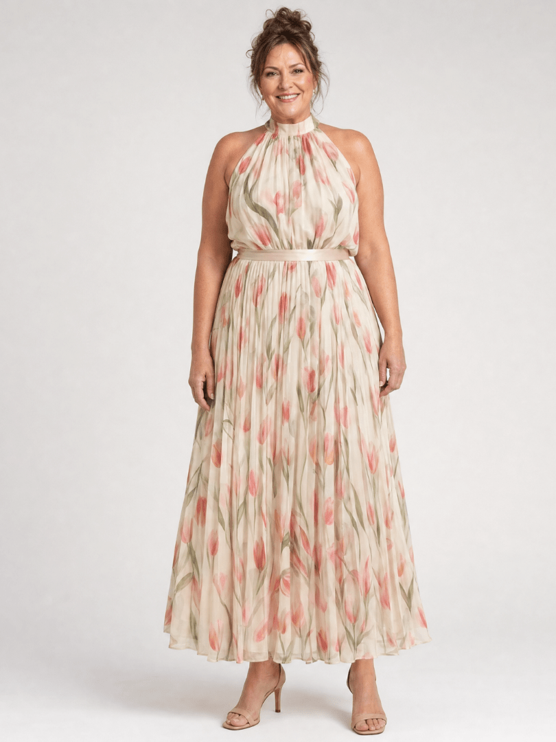 Aurelle™ Halter Neck Floral Midi Dress - Alira - Boutique