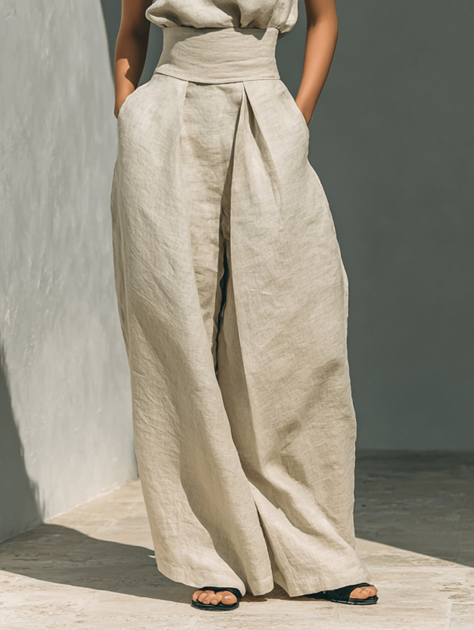 Aurora | Set consisting of a sleeveless beige top in a cotton-linen blend and wide-leg pants - Alira - Boutique