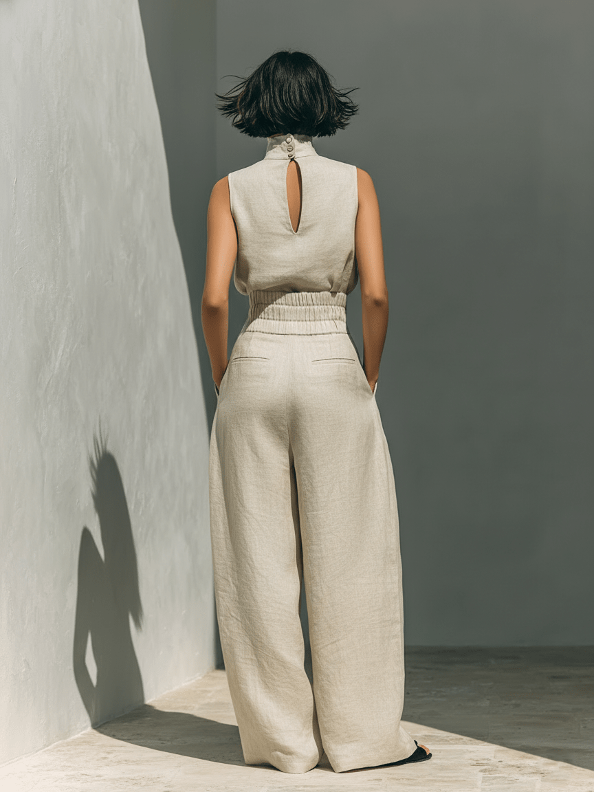 Aurora | Set consisting of a sleeveless beige top in a cotton-linen blend and wide-leg pants - Alira - Boutique