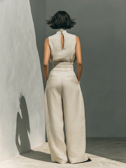 Aurora | Set consisting of a sleeveless beige top in a cotton-linen blend and wide-leg pants - Alira - Boutique
