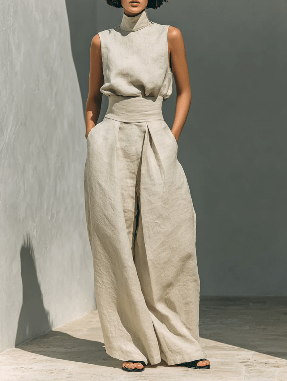 Aurora | Set consisting of a sleeveless beige top in a cotton-linen blend and wide-leg pants - Alira - Boutique