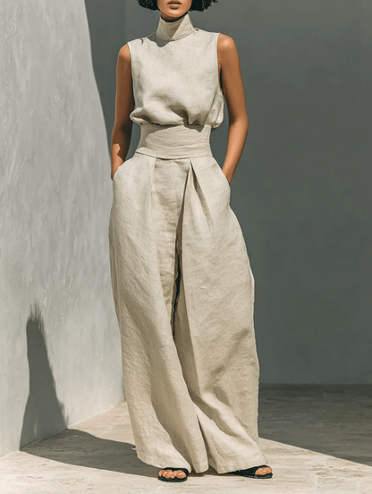 Aurora | Set consisting of a sleeveless beige top in a cotton-linen blend and wide-leg pants - Alira - Boutique