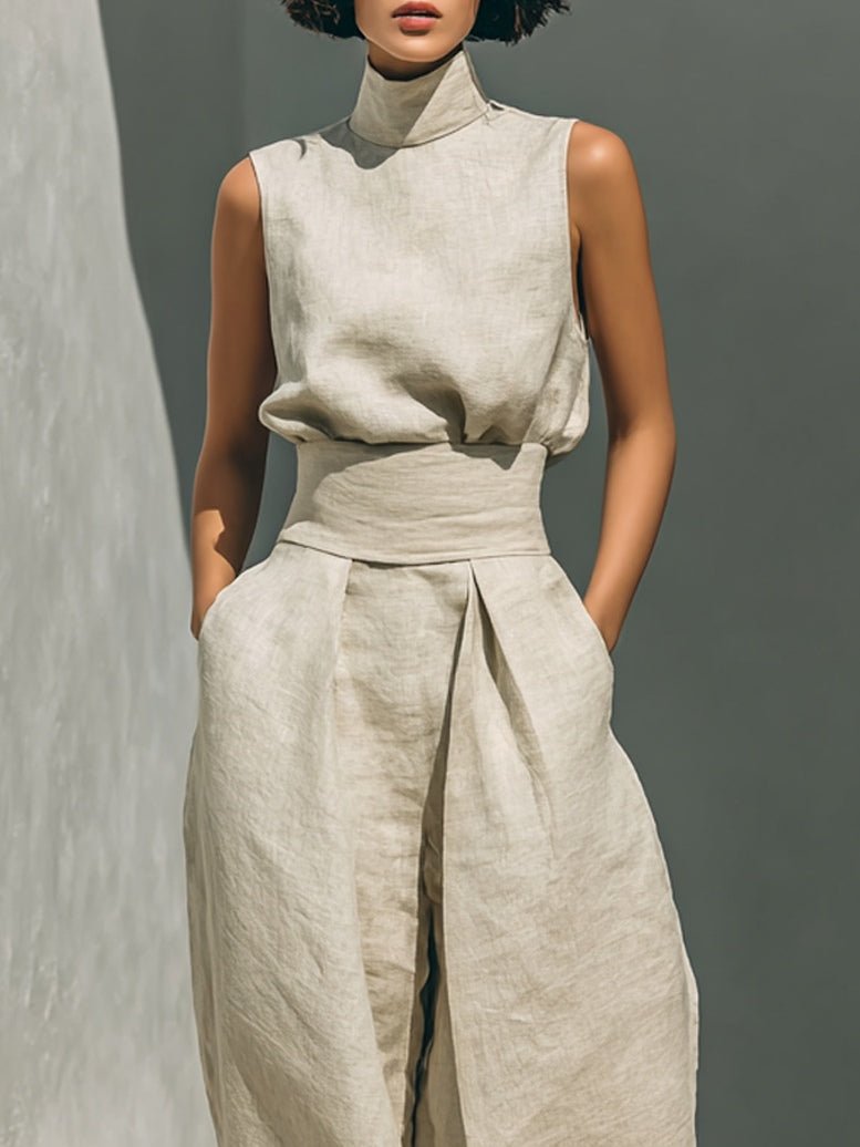 Aurora | Set consisting of a sleeveless beige top in a cotton-linen blend and wide-leg pants - Alira - Boutique