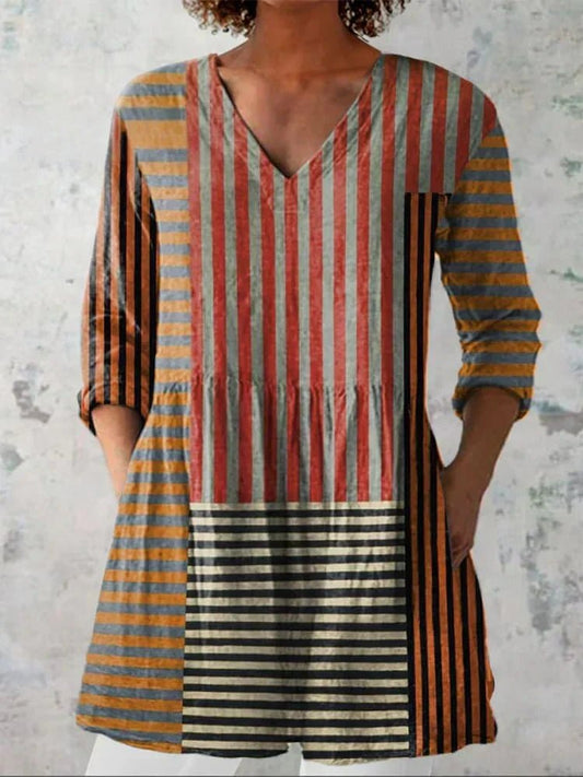 Avery | Stripe Patchwork V-Neck Shirt - Alira - Boutique