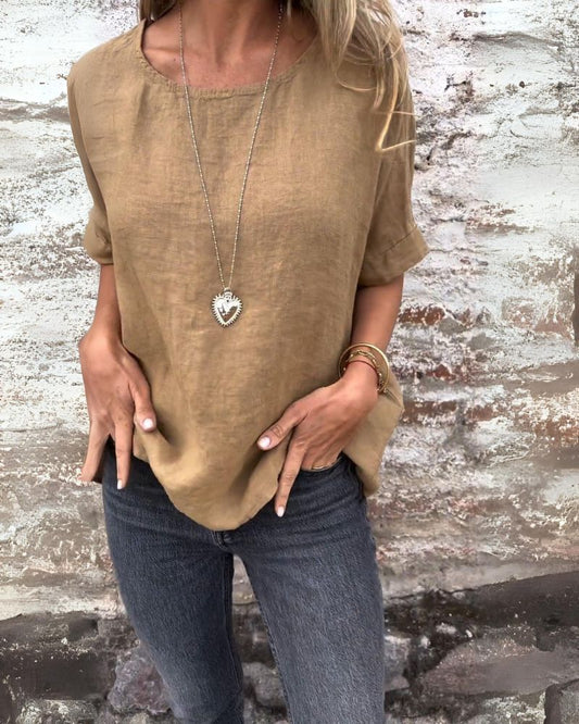 BAUA - Round Neck Cotton And Linen T-Shirt - Alira - Boutique