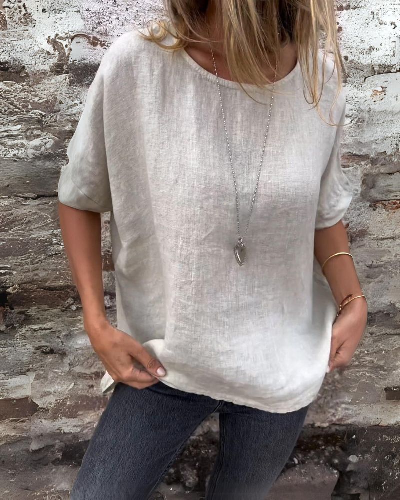 BAUA - Round Neck Cotton And Linen T-Shirt - Alira - Boutique