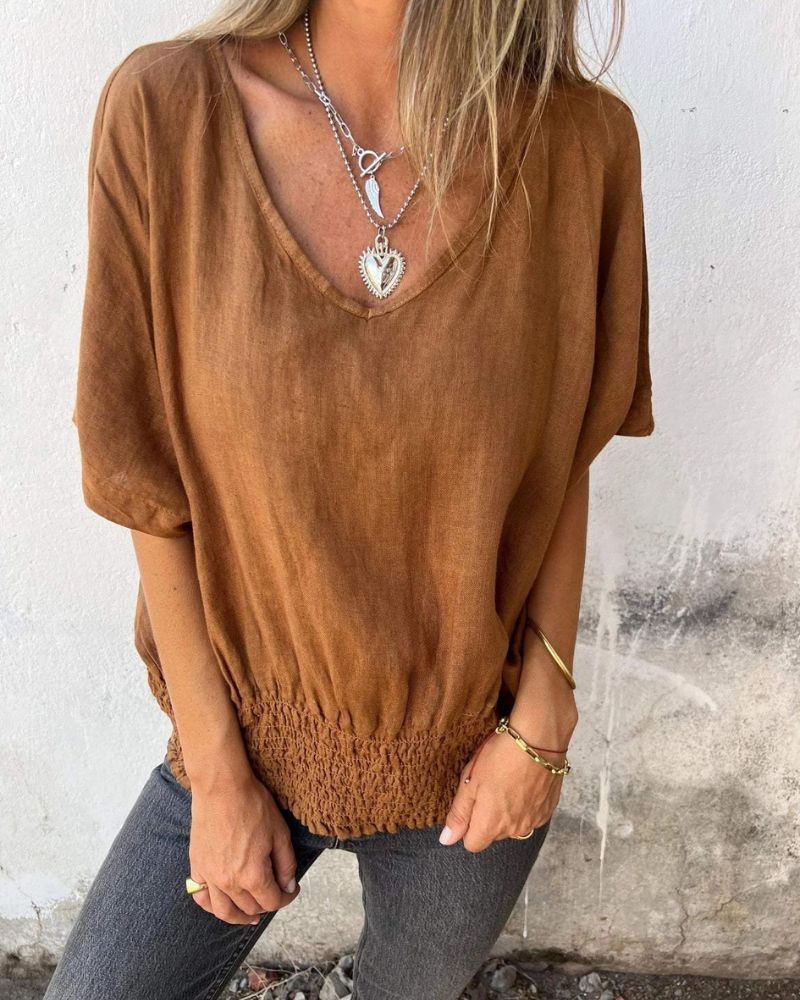 BOMIA - Comfortable Waisted T-shirt with V-neckline - Alira - Boutique
