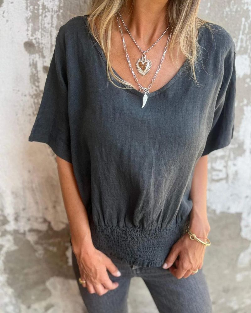 BOMIA - Comfortable Waisted T-shirt with V-neckline - Alira - Boutique