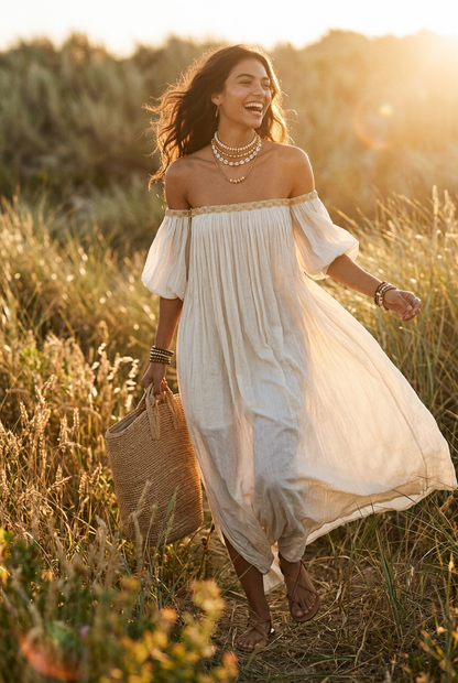 Inez | Pleated Off-Shoulder Maxi Dress