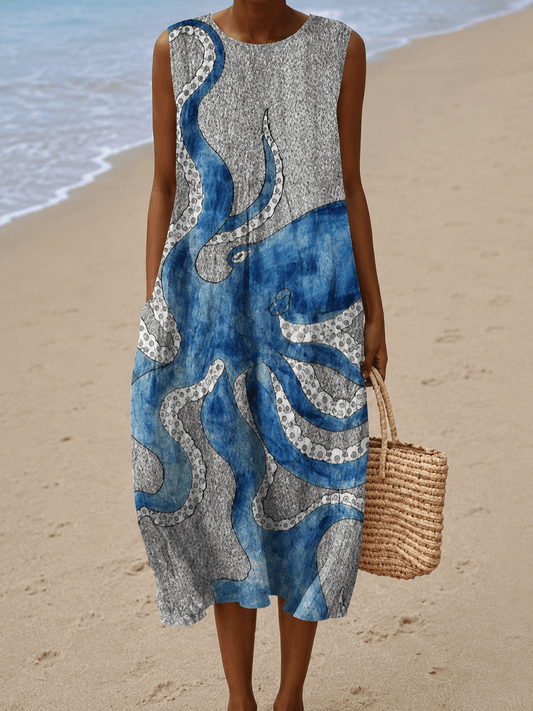 Caroline - Women's Sleeveless Printed Beach Midi Dress Loose - Alira - Boutique