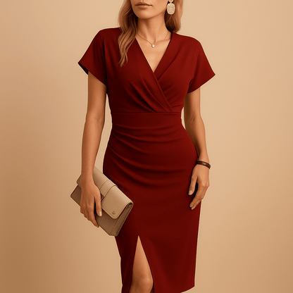 Celeste | Women's V-Neck Midi Dress with Front Slit - Alira - Boutique