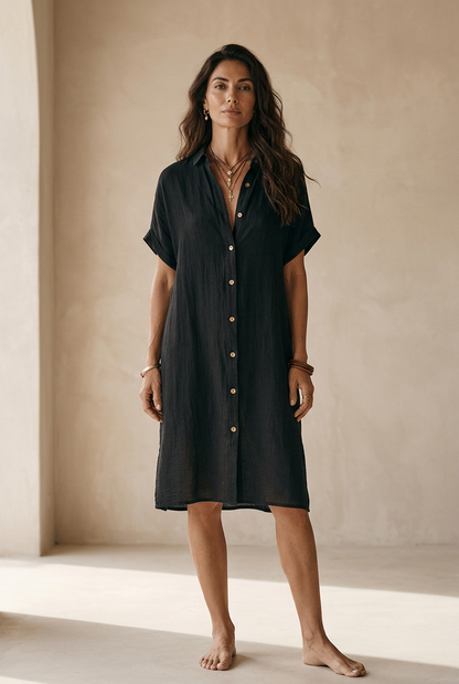 Georgie | Black Linen Relaxed Midi Dress