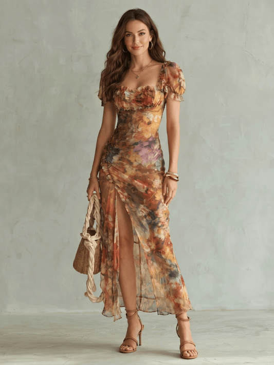 Ciel™ Ruffled Sleeve Ruched Slit Midi Dress - Alira - Boutique