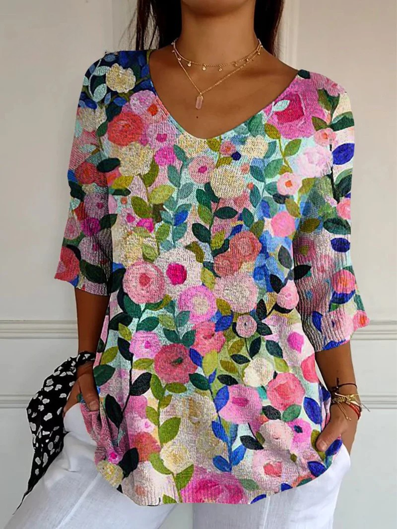 Colorful Spring Floral Garden Printed Women's Casual Pullover Knit - Alira - Boutique