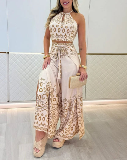 Savanna | Tribal Print Keyhole Top & Slit Pants Set