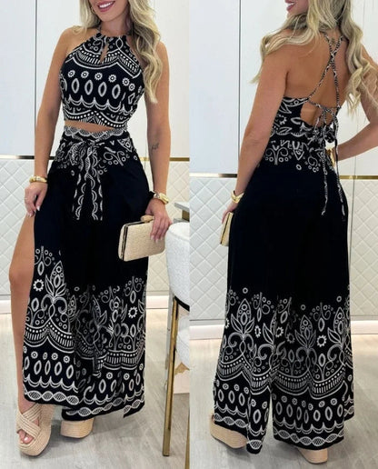 Savanna | Tribal Print Keyhole Top & Slit Pants Set