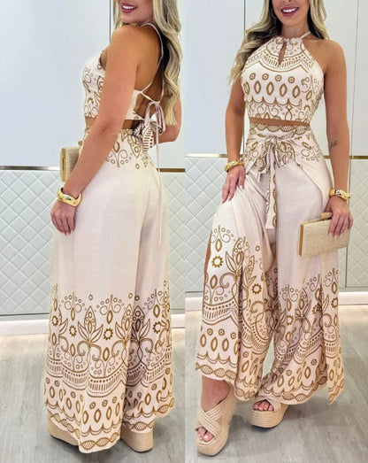 Savanna | Tribal Print Keyhole Top & Slit Pants Set