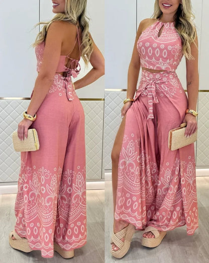 Savanna | Tribal Print Keyhole Top & Slit Pants Set